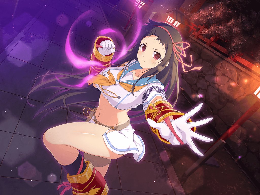 1girl architecture armband armored_boots ayame_(senran_kagura) belt belt_pouch black_hair black_socks blue_armband blue_sailor_collar blush boots breasts brown_belt buttons clenched_hand collarbone commentary double-breasted east_asian_architecture energy english_commentary frown gauntlets gloves groin hair_ribbon hanzou_academy_school_uniform holster kneehighs lantern large_breasts lens_flare light_particles linea_alba long_hair looking_at_viewer midriff navel neckerchief night official_alternate_costume official_art orange_neckerchief pink_ribbon pouch reaching reaching_towards_viewer red_boots red_eyes ribbon sailor_collar school_uniform senran_kagura senran_kagura_new_link senran_kagura_new_wave serafuku shiny_skin shirt short_sleeves shuriken skirt socks solo standing standing_on_one_leg stomach stone_walkway stone_wall thigh_holster torn_clothes torn_shirt torn_skirt tree v-shaped_eyebrows wall weapon white_gloves white_serafuku wooden_lantern yaegashi_nan