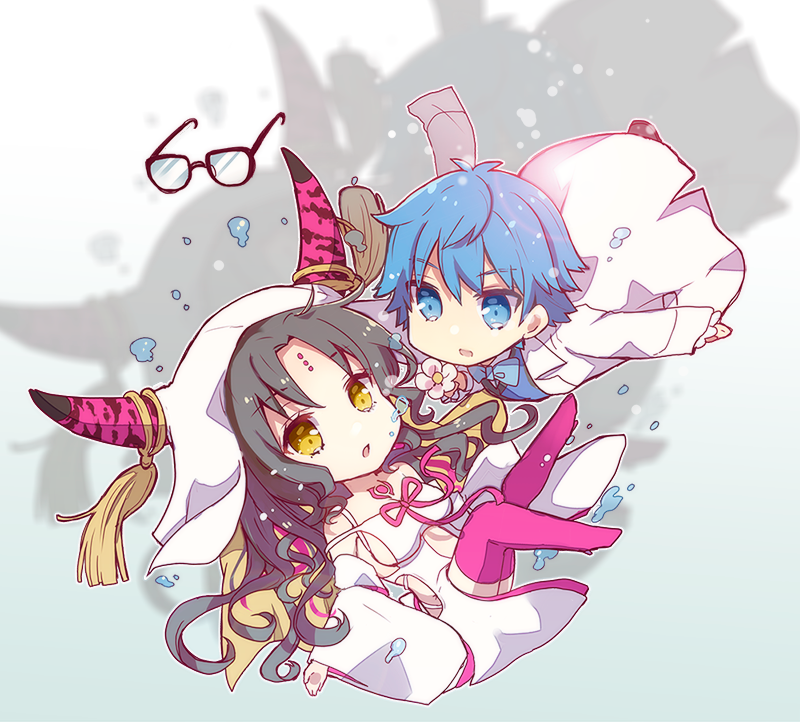 1boy 1girl air_bubble black_hair black_horns blue_bow blue_bowtie blue_eyes blue_hair blue_vest boots bow bowtie breasts bubble chest_tattoo chibi coat commentary dress drop_shadow facial_mark fate/extra fate/extra_ccc fate/grand_order fate_(series) flower forehead_mark full_body glasses grey_background hair_between_eyes high_heel_boots high_heels hip_vent holding holding_flower horn_ornament horn_ring horns large_breasts long_hair long_sleeves looking_at_another looking_at_viewer multicolored_hair multicolored_horns open_mouth outline parted_bangs pink_boots pink_hair pink_horns pink_ribbon ribbon sessyoin_kiara sessyoin_kiara_(heaven&#039;s_hole) sessyoin_kiara_(third_ascension) shiroi_hakuto short_hair sideboob simple_background streaked_hair tassel tattoo thigh_boots unworn_eyewear veil very_long_hair vest white_coat white_dress white_flower white_outline white_veil wide_sleeves yellow_eyes