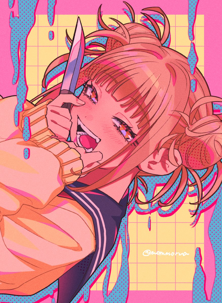 1girl bags_under_eyes blonde_hair blunt_bangs boku_no_hero_academia cardigan double_bun fangs hair_bun hands_up highres holding holding_knife knife looking_at_viewer messy_hair mommorua narrowed_eyes school_uniform serafuku short_hair solo teeth toga_himiko upper_body yellow_cardigan yellow_eyes