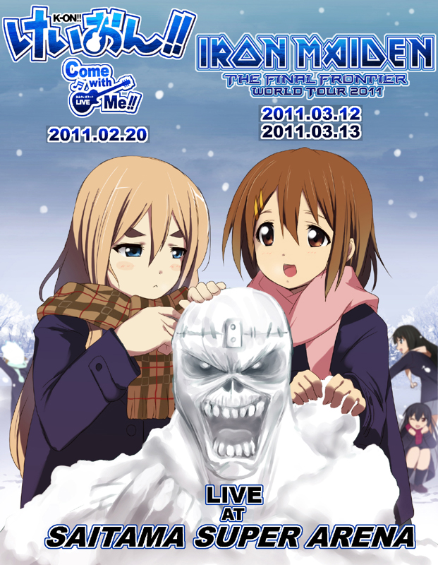 5girls :&lt; akiyama_mio blonde_hair blue_eyes brown_eyes brown_hair coat eddie_the_head eyebrows frown heavy_metal hirasawa_yui iron_maiden_(band) k-on! kaiga kotobuki_tsumugi long_hair multiple_girls nakano_azusa parody scarf short_hair snowman tainaka_ritsu