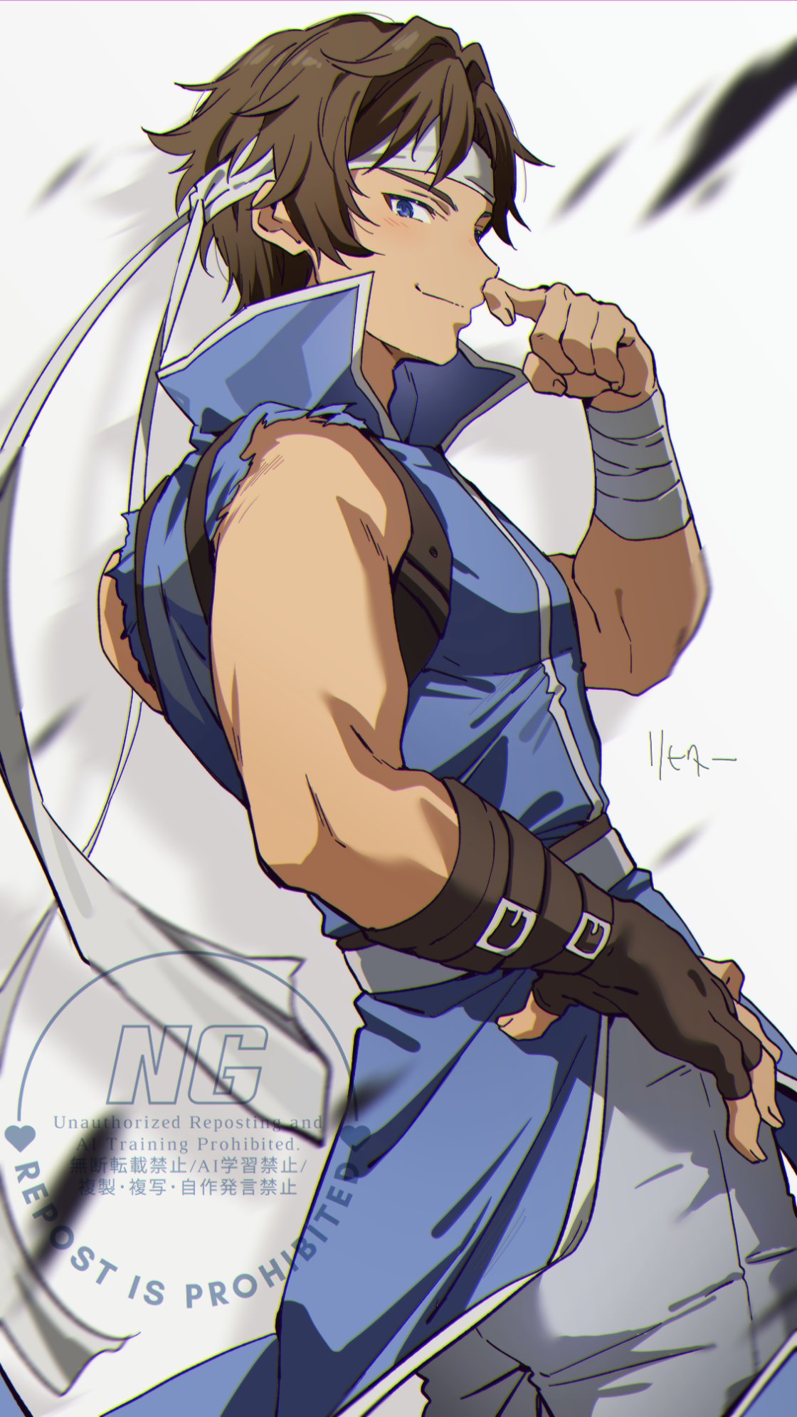 1boy bandaged_arm bandages blue_eyes bochi_(5hxm) brown_hair castlevania:_rondo_of_blood castlevania_(series) character_name closed_mouth commentary_request finger_to_own_nose fingerless_gloves gloves grey_pants hand_on_own_hip headband highres looking_at_viewer male_focus pants richter_belmont simple_background single_fingerless_glove single_glove sleeveless solo watermark white_headband