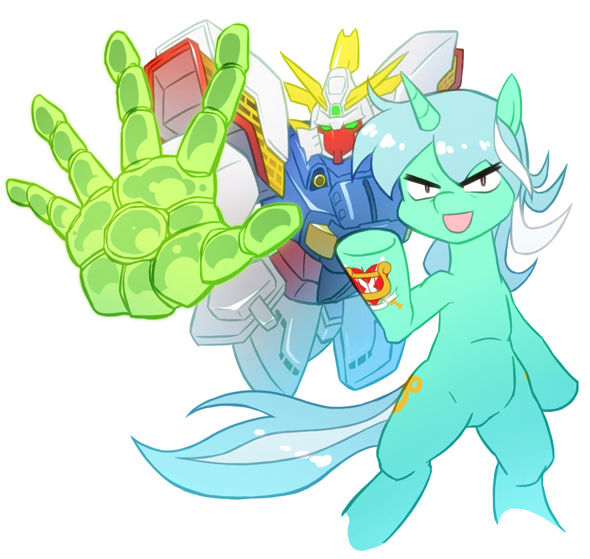 1girl aqua_hair crossover cutie_mark g_gundam gundam harp instrument king_of_hearts lyra_heartstrings mecha multicolored_hair my_little_pony my_little_pony:_friendship_is_magic pony_(animal) robot shining_gundam tail two-tone_hair unicorn white_hair xin_yu_hua_yin