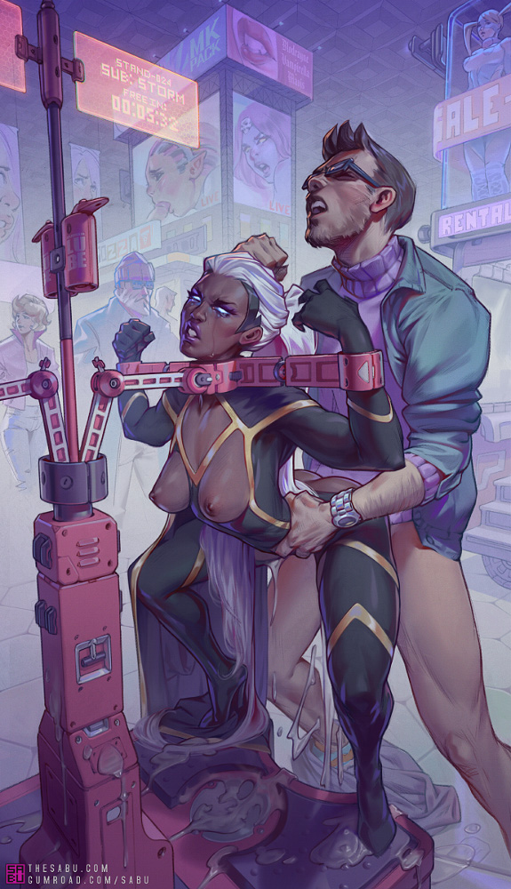 1boy 1girl angry artist_name bdsm blue_jacket blue_sclera bondage bottomless bound bound_wrists breasts breasts_out brown_hair clenched_hand colored_sclera crying crying_with_eyes_open cum cum_on_floor cum_overflow dark-skinned_female dark_skin from_behind glasses glowing glowing_eyes gumroad_username hetero interracial jacket long_hair marvel nipples open_clothes open_jacket open_mouth storm_(x-men) pillory ponytail public_indecency public_use purple_sweater rape resisting restrained sabu_(sabudenego) sex sex_arcade short_hair storm_(x-men) sunglasses sweater tears teeth turtleneck turtleneck_sweater upper_teeth_only watch watermark web_address white_hair wristwatch x-men yoke_(bdsm)