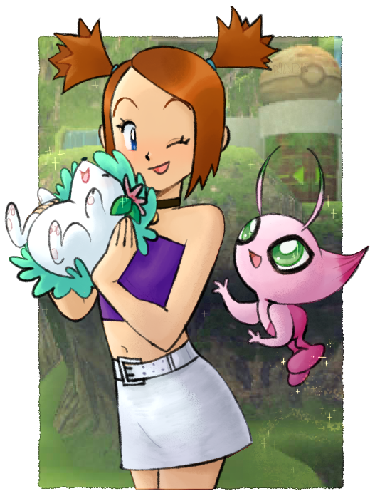 1girl alternate_color bare_shoulders blue_eyes celebi crop_top gen_2_pokemon gen_4_pokemon green_eyes legendary_pokemon looking_at_another mythical_pokemon nark navel nintendo one_eye_closed open_mouth orange_hair pokemon pokemon_(creature) pokemon_colosseum rui_(pokemon) shaymin shaymin_(land) shiny_pokemon skirt smile sugimori_ken_(style) upper_body white_skirt