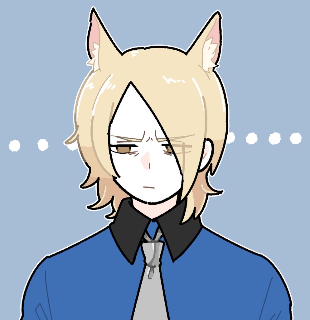 ... 1boy animal_ears arknights blonde_hair blue_background blue_shirt collared_shirt frown grey_necktie hair_over_one_eye horse_ears knaquane male_focus mlynar_(arknights) necktie outline shirt simple_background solo unamused upper_body v-shaped_eyebrows wrinkled_skin yellow_eyes