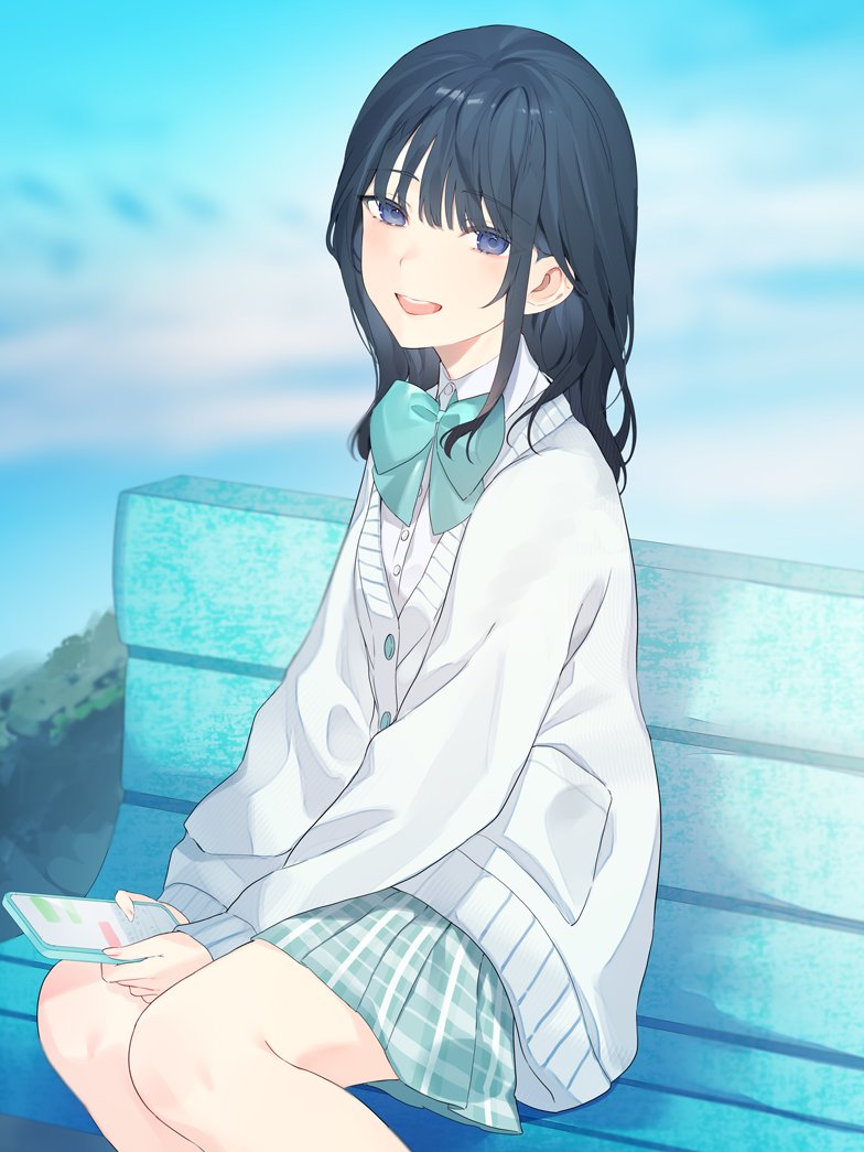 1girl :d achiki aqua_bow aqua_skirt bench black_hair blue_eyes blurry blurry_background blush bow bowtie cardigan cellphone collared_shirt commentary_request day feet_out_of_frame green_skirt holding holding_phone long_hair long_sleeves looking_at_viewer on_bench open_mouth original outdoors phone plaid_clothes plaid_skirt pleated_skirt school_uniform shirt sitting skirt sky smartphone smile solo teeth upper_teeth_only white_cardigan white_shirt