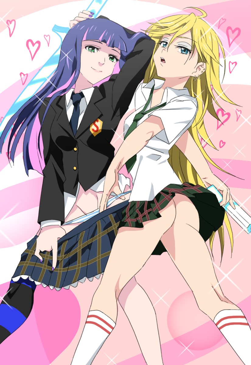 10s 2girls ass bad_anatomy blonde_hair blue_eyes blue_hair breasts clothes_pull earrings green_eyes highres jewelry kneepits long_hair multicolored_hair multiple_girls no_panties open_mouth panties panty_&amp;_stocking_with_garterbelt panty_(psg) panty_pull pink_hair ribbon sanshita school_uniform siblings sisters skirt skirt_pull smile stocking_(psg) striped_clothes striped_legwear striped_panties striped_thighhighs sword thighhighs two-tone_hair underwear undressing weapon