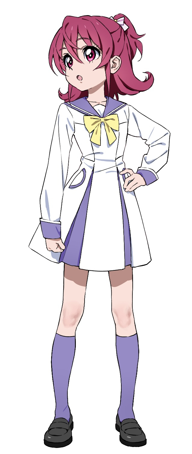 1girl :o aida_mana bow bowtie dokidoki!_precure dress flipped_hair full_body hand_on_own_hip highres hiji_rida kneehighs loafers long_sleeves looking_up pink_eyes pink_hair pleated_dress ponytail precure purple_sailor_collar purple_socks sailor_collar school_uniform serafuku shoes short_hair short_ponytail simple_background socks solo standing white_background white_dress yellow_bow yellow_bowtie