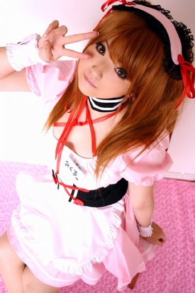 1girl apron asahina_mikuru asahina_mikuru_(cosplay) asian breasts brown_eyes brown_hair closed_mouth corset cosplay cosplay_photo crossed_legs downblouse dress dyed_hair female_focus from_above get hairband hand_on_own_face hand_up head_tilt indoors japanese_(nationality) lips long_hair looking_at_viewer maid maid_headdress medium_breasts mikuru_beam mizuhara_arisa name_tag pantyhose peace_symbol photo_(medium) pink_dress pink_theme puffy_short_sleeves puffy_sleeves real_life short_sleeves sitting smile solo suzumiya_haruhi_no_yuuutsu translated v v_over_eye waitress wrist_cuffs