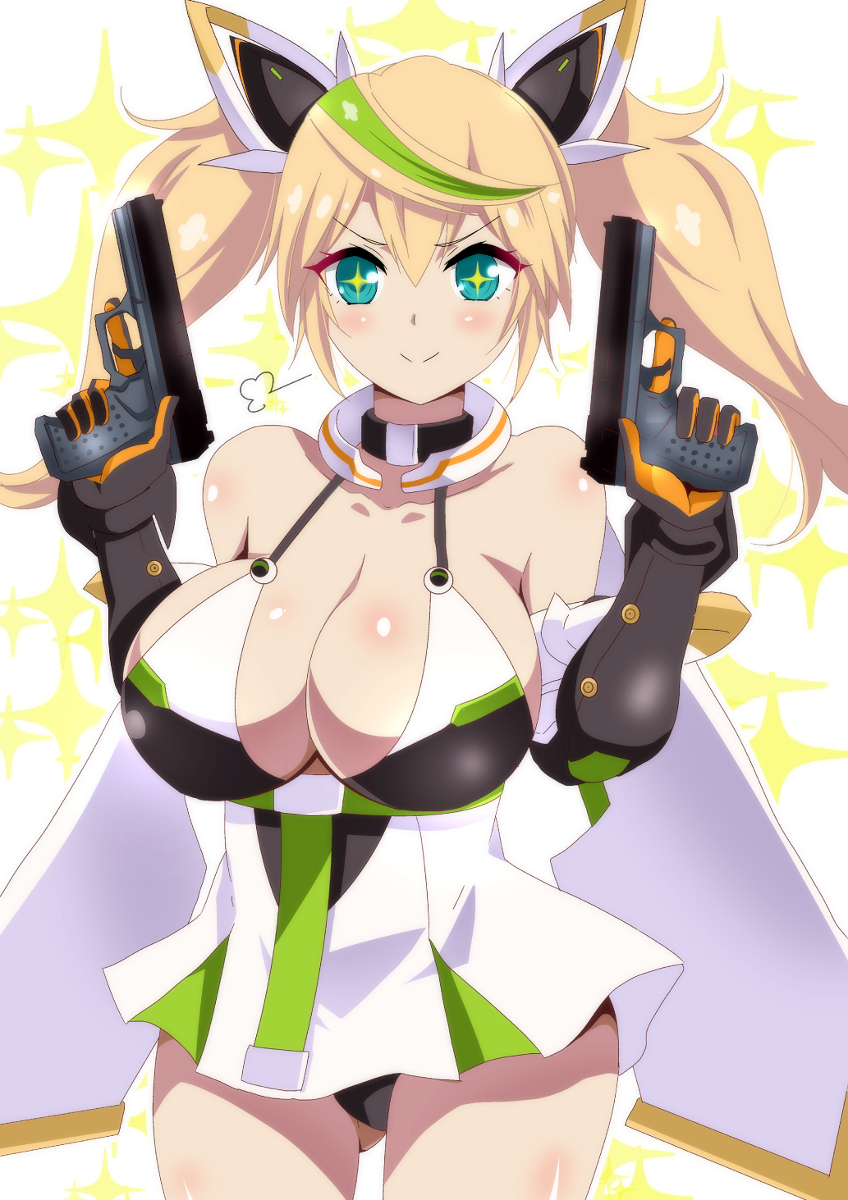 1girl aqua_eyes bare_shoulders blonde_hair blush breasts cleavage dual_wielding elbow_gloves female_focus gene_(pso2) gloves green_hair gun hair_between_eyes hara_(harayutaka) highres holding large_breasts long_hair looking_at_viewer phantasy_star phantasy_star_online_2 solo standing symbol-shaped_pupils twintails weapon