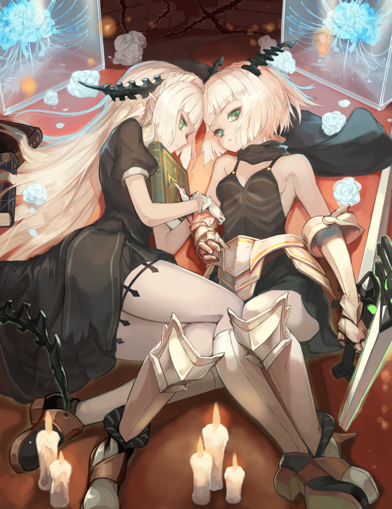 2girls afk_(series) afk_arena armor bare_shoulders blue_flower blue_spider_lily blunt_bangs book braid candle closed_mouth fire flower gauntlets gloves glowing glowing_sword glowing_weapon greaves green_eyes holding holding_book holding_sword holding_weapon horns isabella_(afk_arena) legs long_hair looking_at_viewer multiple_girls planted planted_sword planted_weapon pointy_ears rose short_hair silvina_(afk_arena) spider_lily sword taba_comya thorns vambraces weapon white_flower white_gloves white_rose