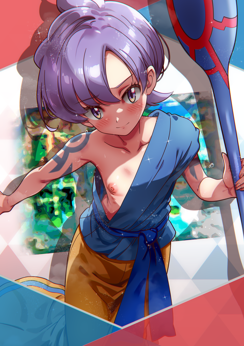 1girl anabel_(pokemon) arm_tattoo blush breasts brown_skirt brycen_(pokemon) closed_mouth collarbone commentary_request cosplay eyelashes grey_eyes highres holding holding_staff nintendo nipples pokemon pokemon_emerald pokemon_rse purple_hair rorretsim short_hair single_bare_arm skirt smile solo spenser_(pokemon) spenser_(pokemon)_(cosplay) staff tattoo