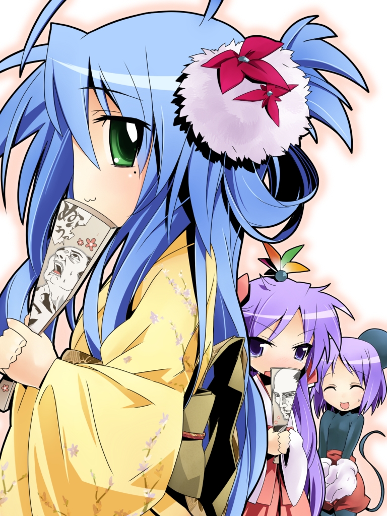 3girls cosplay disney hagoita hand_fan hanetsuki hiiragi_kagami hiiragi_tsukasa izumi_konata japanese_clothes kimono lucky_star mickey_mouse mickey_mouse_(cosplay) mole mole_under_eye multiple_girls nyuusankin paddle siblings sisters twins