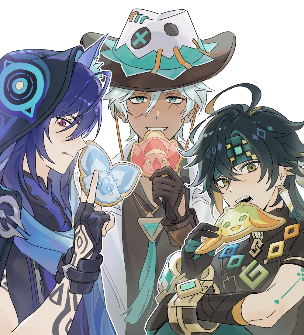 3boys angduuuu_(ghost) animal_ear_fluff animal_ears antenna_hair arm_tattoo bat_ears black_gloves black_hair black_shirt blonde_hair blue_eyes blue_hair blue_scarf closed_mouth collarbone collared_shirt colored_inner_hair commentary cookie cowboy_hat dark-skinned_male dark_skin english_commentary facial_tattoo food genshin_impact glove_cutout gloves green_hair green_headband grin hair_between_eyes hand_up hat headband heterochromia holding holding_cookie holding_food hood hood_up ifa_(genshin_impact) iktomisaurus_(genshin_impact) imminent_bite jacket kinich_(genshin_impact) lapels licking_lips looking_at_viewer male_focus multicolored_hair multiple_boys one_eye_closed open_clothes open_jacket ororon_(genshin_impact) outdoors pink_eyes qucusaurus_(genshin_impact) saurus_crackers_(genshin_impact) scar scar_across_eye scar_on_face scarf shirt short_hair short_sleeves sleeveless sleeveless_shirt sleeves_rolled_up smile streaked_hair tassel tattoo tongue tongue_out upper_body white_hair white_hat white_jacket yumkasaurus_(genshin_impact) zipper_pull_tab
