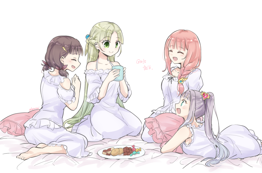 4girls :d alternate_costume alternate_hairstyle atelier_(series) atelier_lulua barefoot braid brown_hair closed_eyes commentary_request cookie cup dress elmerulia_frixell eva_armster food frilled_dress frills full_body green_eyes green_hair hair_ornament hands_up holding holding_cup holding_pillow karasumi_(aiseec) long_hair low_twintails lying multiple_girls on_side open_mouth piana_(atelier) pillow pink_hair plate ponytail rorolina_frixell short_hair sitting sleepover sleepwear smile twintails white_dress