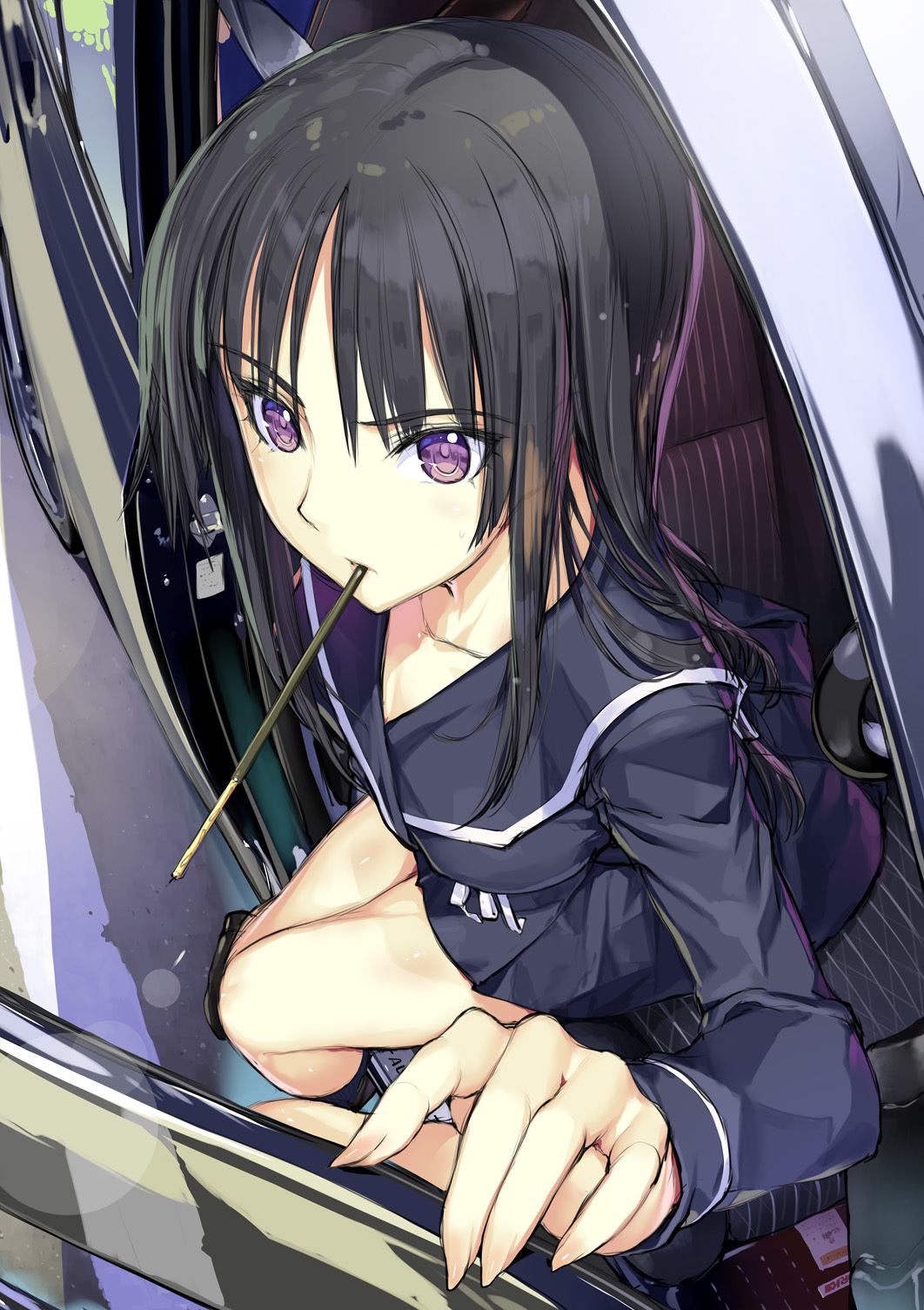 1girl black_hair blunt_bangs car female_focus food foreshortening full_body ga-rei ga-rei_zero highres hime_cut isayama_yomi long_hair motor_vehicle mouth_hold nakabayashi_reimei open_door pocky purple_eyes school_uniform serafuku sitting solo sweatdrop