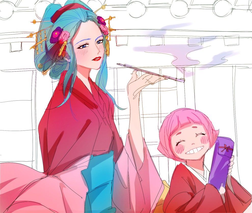 2girls aqua_hair blunt_bangs blush closed_eyes flower hair_flower hair_ornament hair_stick holding holding_smoking_pipe japanese_clothes kouzuki_hiyori lips lipstick makeup multiple_girls nihongami oiran one_piece oomoo_doc9 pink_flower pink_hair red_lips short_hair smile smoking_pipe third-party_source toko_(one_piece)