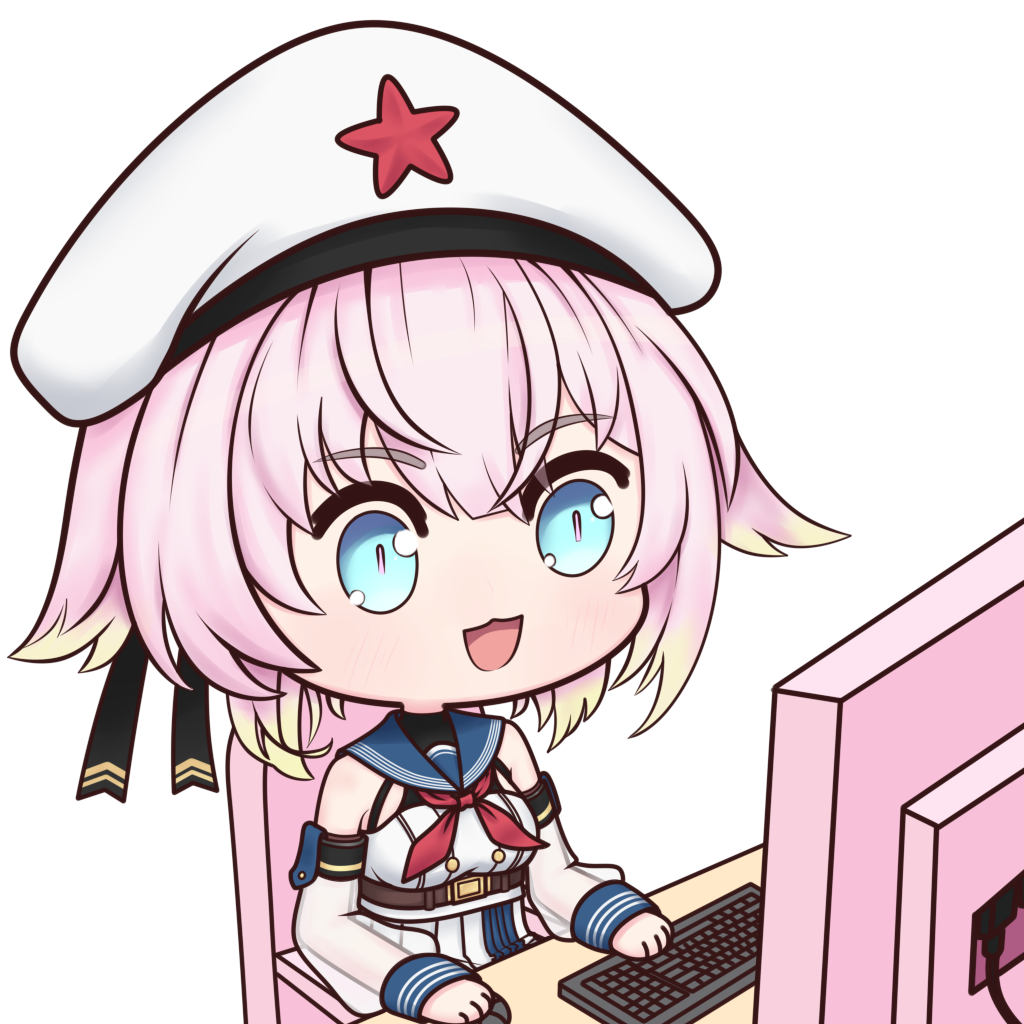 1girl :3 :d beret black_background blonde_hair blue_eyes chair chibi colored_tips computer computer_keyboard detached_sleeves gradient_hair hair_between_eyes hair_flaps hat hat_ornament jinan_(warship_girls_r) mode_pi monitor multicolored_hair neckerchief open_mouth pink_hair pink_pupils red_star simple_background sitting smile solo star_(symbol) star_hat_ornament warship_girls_r