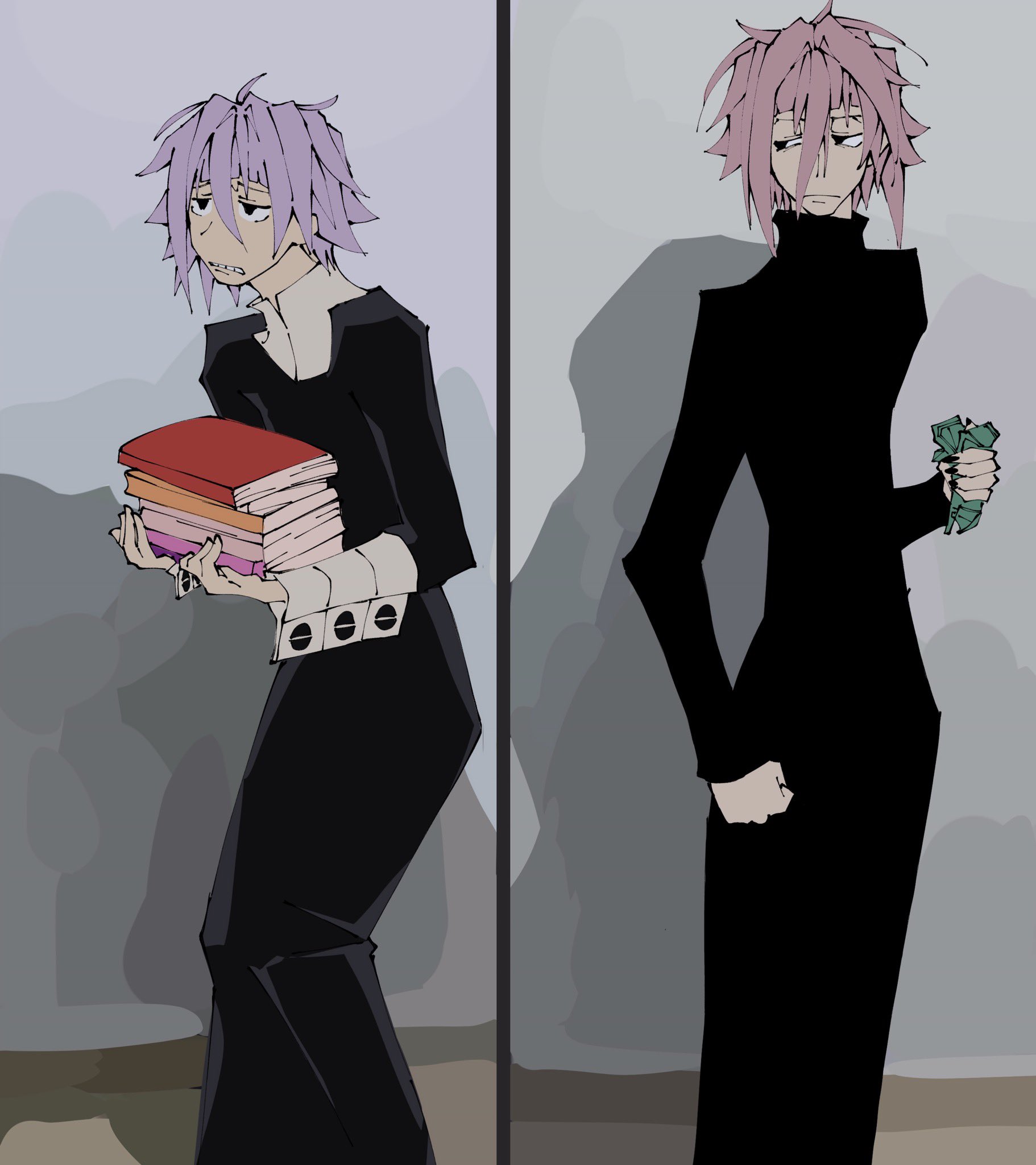 1other alternate_design androgynous black_eyes book book_stack clenched_hand clenched_teeth closed_mouth commentary crona_(soul_eater) cuff_links english_commentary full_body highres holding holding_book holding_money kaligraphy lesbian_flag lips meme money other_focus photo-referenced pink_hair purple_hair short_hair sleeve_cuffs soul_eater teeth turtleneck white_sleeve_cuffs