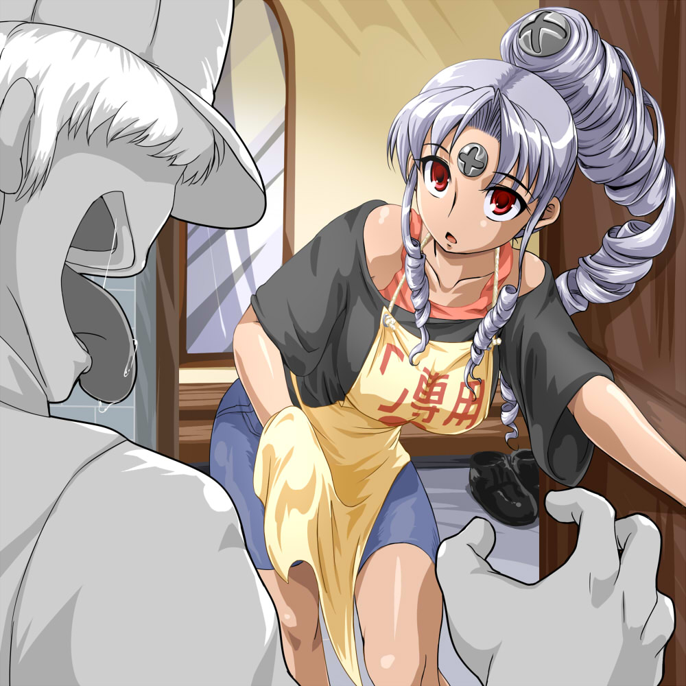 1girl apron breasts dark-skinned_female dark_skin doorway drill_hair imminent_rape large_breasts long_hair os-tan ponytail red_eyes silver_hair solo_focus toushi_ryoku vista-tan vistake you_gonna_get_raped