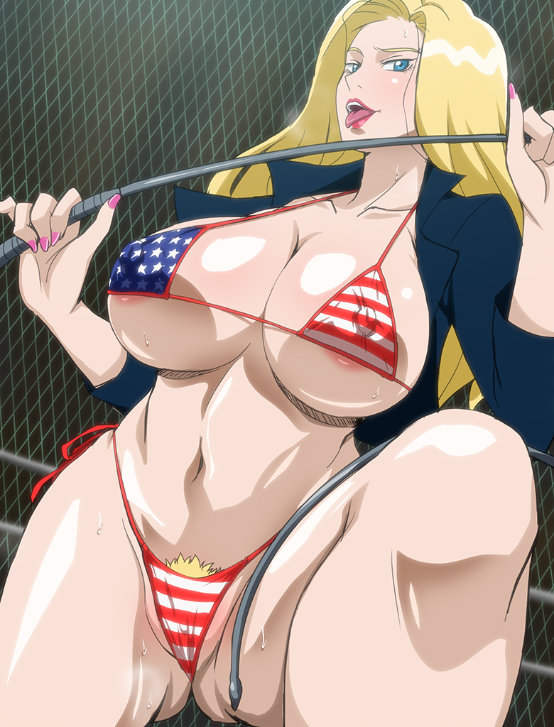 10s 1girl american_flag american_flag_bikini american_flag_print areola_slip bikini blonde_hair blue_eyes breasts covered_erect_nipples female_focus female_pubic_hair flag_print huge_breasts lipstick long_hair makeup makino_tomoyasu micro_bikini mismatched_bikini miss_x_(tiger_mask) nail_polish naughty_face print_bikini pubic_hair smile solo sweat swimsuit tiger_mask_(series) tiger_mask_w tongue tongue_out whip