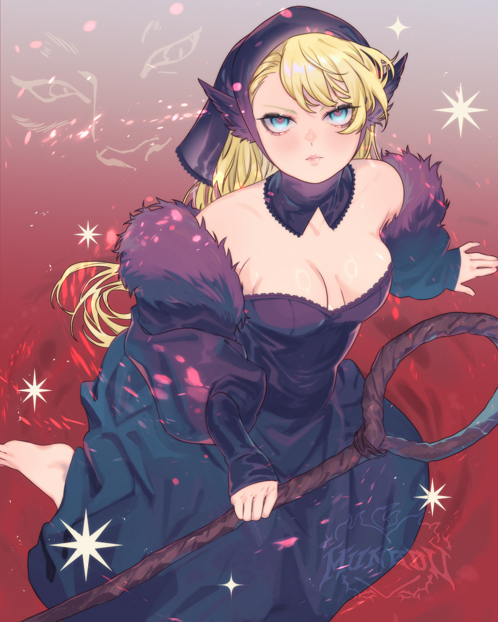 1girl ambrosia_(dungeon_meshi) arm_support barefoot blonde_hair blush breasts cleavage detached_collar detached_sleeves dungeon_meshi frown highres holding holding_staff long_hair marcille_donato marcille_donato_(lord) medium_breasts munrou pussy_juice serious sitting sleeves_past_wrists solo staff watermark yokozuwari