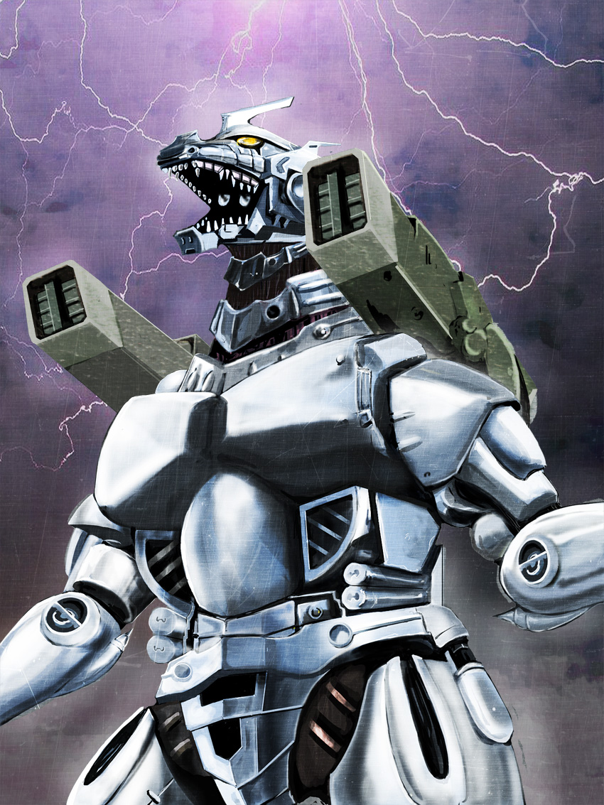 ammunition_backpack anti-megalosaurus_force back_unit boosters cannon cyborg directed-energy_weapon energy_cannon energy_weapon female_focus godzilla_(series) godzilla_against_mechagodzilla japan_self-defense_force jetpack jxsdf kaiju kiryu_(godzilla) lightning maser_cannon mecha mechagodzilla military missile_launcher missile_pod mouth_cannon no_humans puchikotei roaring robot rocket_launcher rocket_pod shoulder_cannon shoulder_gun solo teeth thrusters thunder toho touhou type-99_twin_maser_cannon weapon