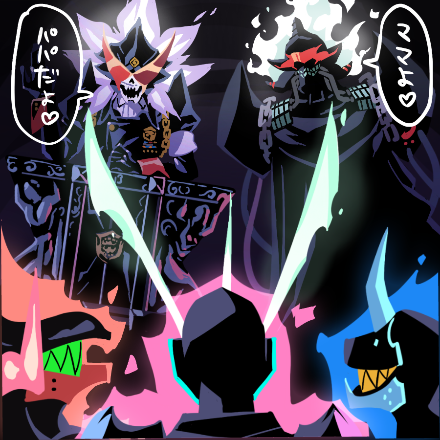 5boys alexis_kerib black_background blue_fire cape chain company_connection desk dokur01 fire gridman_universe gueira helmet lio_fotia mad_burnish male_focus mask meis_(promare) multiple_boys over_justice pink_fire promare red_fire simple_background sitting skeleton ssss.gridman sunglasses trait_connection translated trigger_(company) uchuu_patrol_luluco uniform
