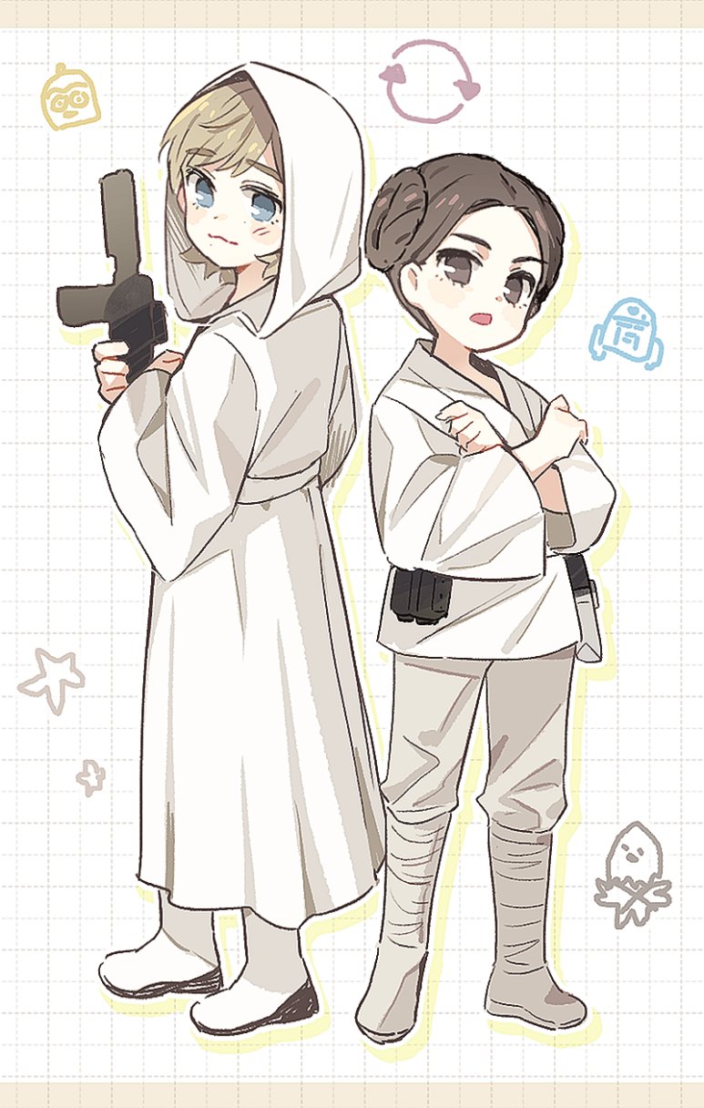 1boy 1girl belt blaster_(star_wars) blue_eyes boots brother_and_sister c-3po cosplay highres luke_skywalker luke_skywalker_(cosplay) munynyann princess_leia_(cosplay) princess_leia r2-d2 siblings standing star_wars star_wars:_a_new_hope