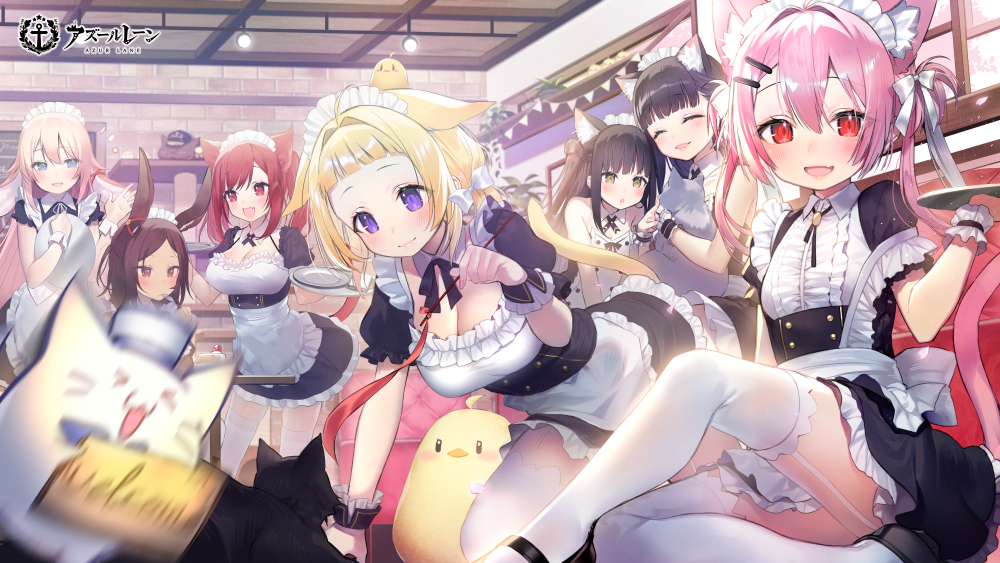 &gt;_&lt; 6+girls :3 :d ahoge alternate_costume animal_ear_fluff animal_ears apron ariake_(azur_lane) asagi_yuna azur_lane bare_shoulders bird black_cat black_dress black_footwear black_hair black_skirt blonde_hair blue_eyes blunt_bangs blush bow breasts brown_eyes brown_hair cat cat_ears cat_girl cat_tail chick cleavage cleavage_cutout clothing_cutout commentary_request cowboy_shot dark-skinned_female dark_skin detached_collar dress ear_ribbon ears_down enmaided extra_ears fang frilled_apron frilled_cuffs frilled_dress frilled_hairband frilled_skirt frills hair_between_eyes hair_bow hair_intakes hair_ornament hair_ribbon hairband hatsuharu_(azur_lane) hatsushimo_(azur_lane) holding holding_tray i-19_(azur_lane) i-25_(azur_lane) i-26_(azur_lane) indoors large_breasts leaning_forward long_hair looking_at_another looking_at_viewer maid maid_apron maid_cafe maid_headdress manjuu_(azur_lane) medium_hair meowfficer_(azur_lane) motion_blur multiple_girls notice_lines open_mouth pink_hair pink_tail plate puffy_short_sleeves puffy_sleeves purple_eyes rabbit_ears red_eyes red_hair red_ribbon ribbon short_hair short_sleeves sidelocks sitting skirt small_breasts smile standing strapless strapless_dress tail thighhighs tray twintails two_side_up very_long_hair white_bow white_legwear wrist_cuffs x3 xd yellow_eyes yellow_tail yuugure_(azur_lane) yuugure_(maid-in-training!)_(azur_lane) zettai_ryouiki