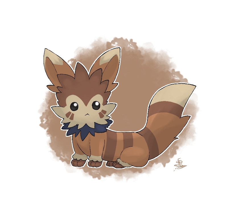 :&lt; animal_focus artist_name black_eyes brown_background closed_mouth facial_mark from_side full_body furret fusion gen_2_pokemon gen_5_pokemon lillipup looking_to_the_side nintendo no_humans outline pokemon pokemon_(creature) s_(esumi_kihomaru) signature sitting solo whisker_markings white_outline