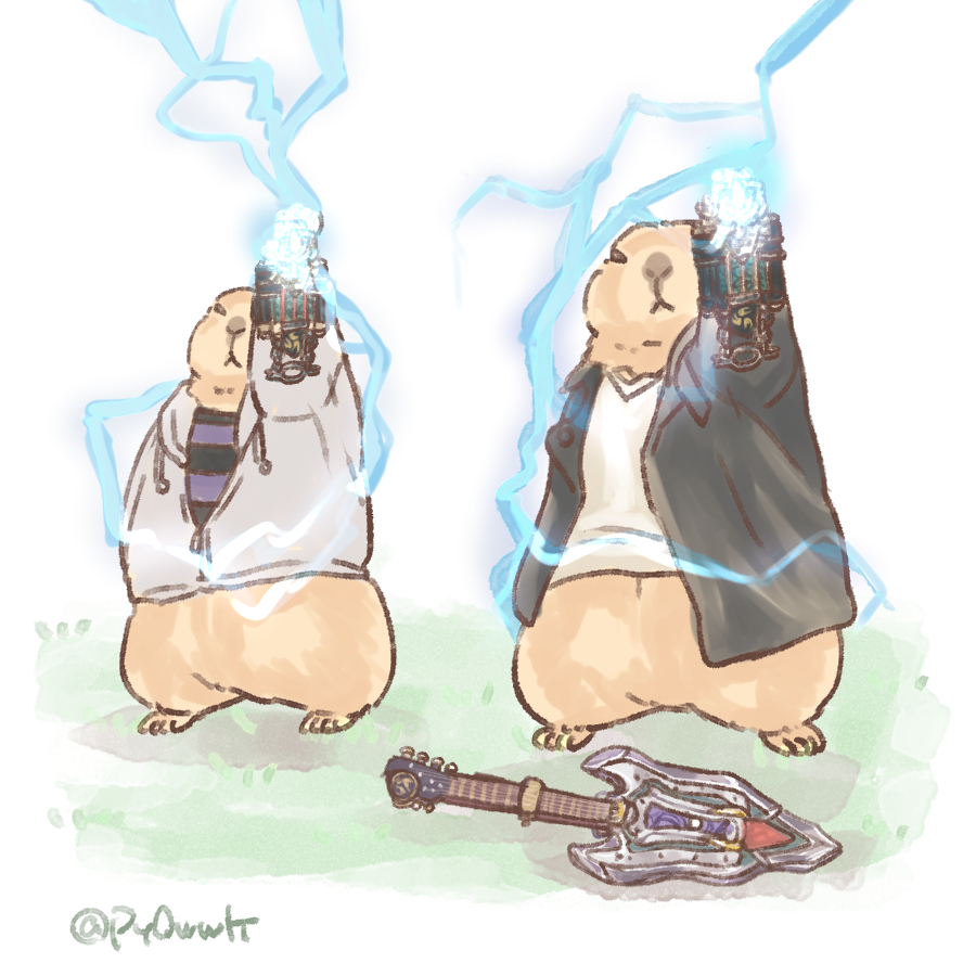 animal_focus arm_up black_hoodie black_jacket body_fur brown_fur electric_guitar electricity grass guitar henshin_pose hood hoodie instrument jacket kamen_rider kamen_rider_hibiki_(series) prairie_dog py0wwk shirt standing white_shirt