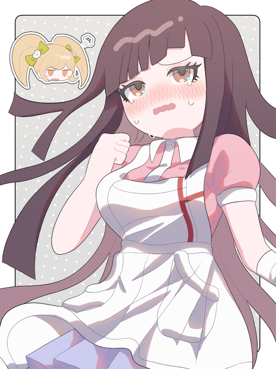 2girls 3_3o0 :o apron blush blush_stickers bow cat_hair_ornament clenched_hand collared_shirt danganronpa_(series) danganronpa_2:_goodbye_despair green_bow hair_bow hair_ornament highres long_hair miniskirt mole mole_under_eye multiple_girls orange_eyes pink_hair pleated_skirt saionji_hiyoko shirt short_sleeves skirt solo_focus tears tsumiki_mikan twintails two-tone_shirt white_apron