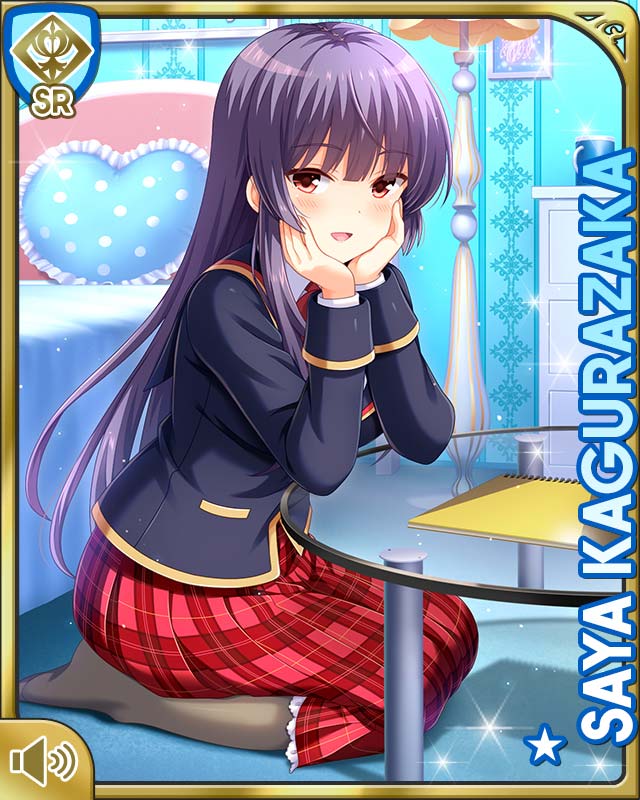 1girl bed bedroom bow card character_name girlfriend_(kari) grey_leggings indoors jacket kagurazaka_saya kneeling leggings long_hair long_sleeves looking_at_viewer official_art open_mouth plaid_clothes plaid_skirt pleated_skirt purple_hair qp:flapper red_bow red_eyes school_uniform skirt smile solo table