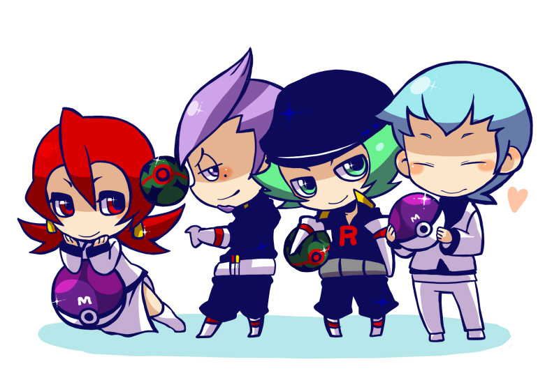 1girl 3boys archer_(pokemon) ariana_(pokemon) belt black_hat blue_hair blush_stickers chibi chibi_only closed_eyes dusk_ball earrings facial_hair full_body glint gloves goatee green_eyes green_hair grey_belt hair_between_eyes hat holding holding_poke_ball jacket jewelry kotorai long_sleeves master_ball multiple_boys nintendo no_nose pants petrel_(pokemon) poke_ball pokemon pokemon_hgss proton_(pokemon) purple_eyes purple_hair red_eyes red_hair skirt smile team_rocket team_rocket_uniform white_belt white_footwear white_gloves white_jacket white_pants white_skirt