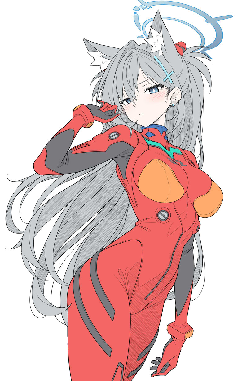 1girl alternate_costume alternate_hairstyle animal_ear_fluff animal_ears blue_archive blue_eyes blush bodysuit breasts closed_mouth cosplay criss-cross_halter curvy extra_ears hair_behind_ear hair_between_eyes halterneck highres long_hair looking_at_viewer mecha_pilot_suit neon_genesis_evangelion plugsuit_(evangelion) ponytail red_bodysuit shiroko_(blue_archive) shiroko_terror_(blue_archive) sidelocks solo souryuu_asuka_langley souryuu_asuka_langley_(cosplay) t1kosewad very_long_hair wide_hips wolf_ears wolf_girl