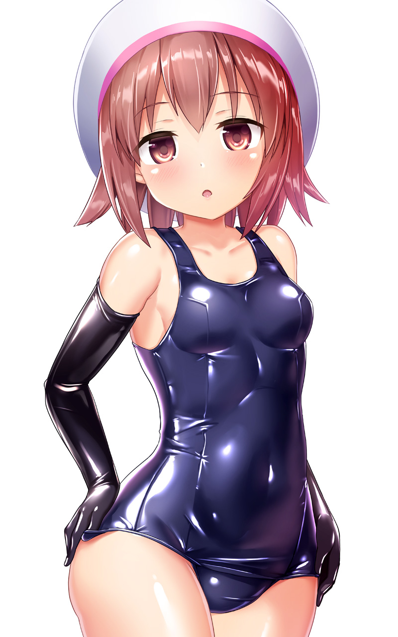 1girl :o blue_one-piece_swimsuit blush brown_eyes brown_hair elbow_gloves gloves hand_on_own_hip hat highres looking_at_viewer naka_(cheeseyeast) one-piece_swimsuit original paid_reward_available school_swimsuit shiny_clothes shiny_skin short_hair solo swimsuit white_background