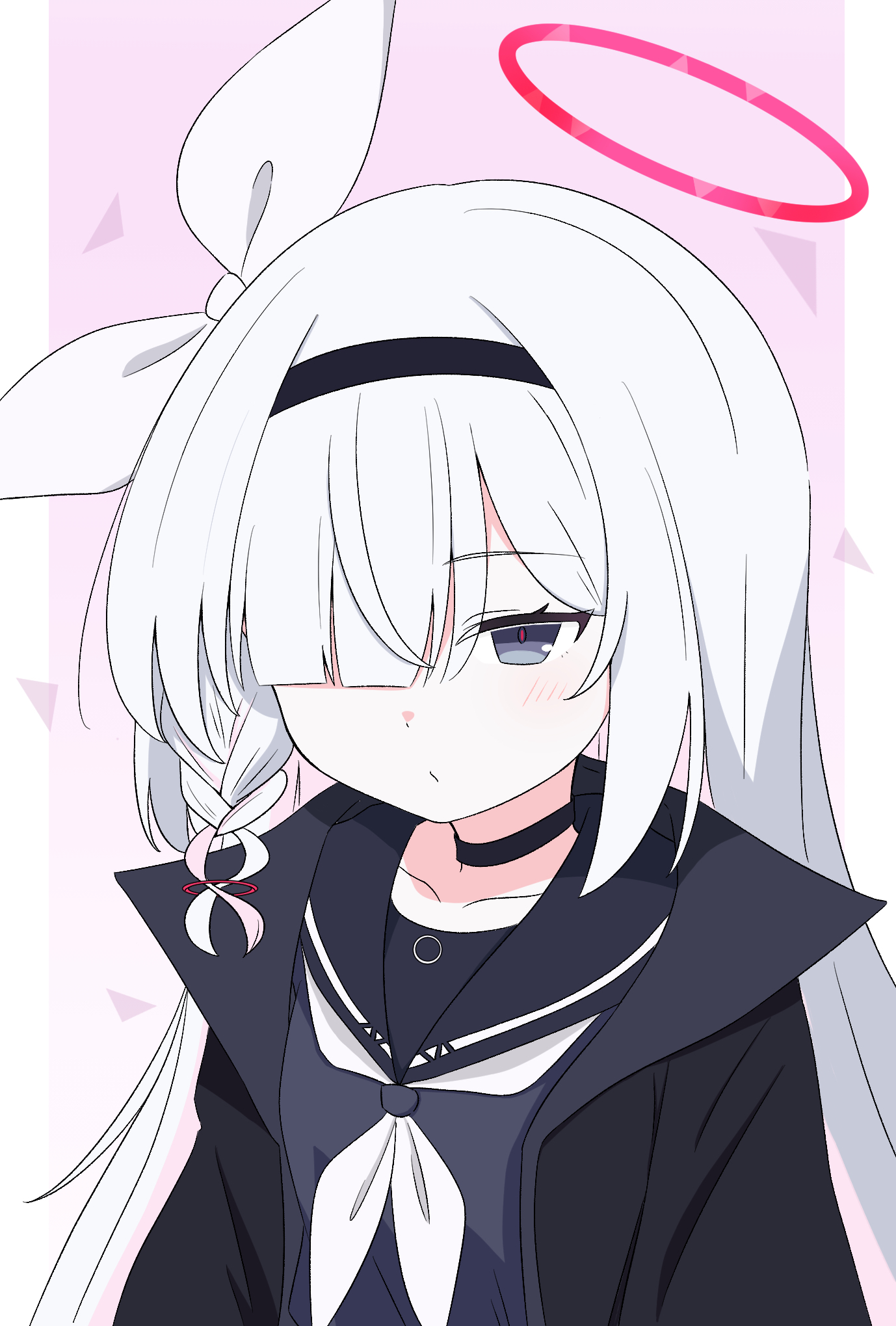 1girl :/ black_choker black_coat black_hairband black_sailor_collar black_shirt blue_archive blunt_bangs blush bow braid choker closed_mouth coat collarbone colored_inner_hair commentary expressionless gradient_background grey_eyes hair_bow hair_ornament hair_over_one_eye hairband halo hayoo_ww highres long_hair multicolored_hair neckerchief open_clothes open_coat outside_border parted_bangs pillarboxed pink_background pink_hair plana_(blue_archive) red_halo red_pupils sailor_collar sailor_shirt school_uniform serafuku shirt simple_background single_braid single_sidelock solo triangle_background two-tone_hair upper_body white_bow white_hair white_neckerchief