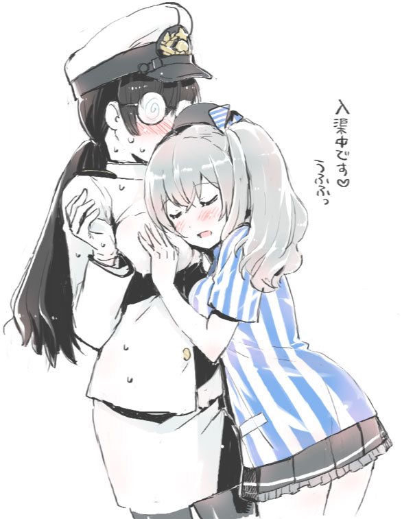 2girls alternate_costume beret black_hair black_legwear black_skirt blush breasts buttons closed_eyes coke-bottle_glasses cowboy_shot employee_uniform epaulettes frilled_skirt frills glasses grey_hair hair_between_eyes hand_on_another&#039;s_chest hat hat_ribbon hug kantai_collection kashima_(kancolle) kashima_(lawson)_(kancolle) lawson long_hair low_ponytail military military_hat military_uniform multiple_girls naval_uniform nervous_sweating nyoriko opaque_glasses pantyhose peaked_cap pleated_skirt ponytail ribbon shirt short_sleeves simple_background skirt smile sweat translation_request twintails wavy_hair white_background white_shirt