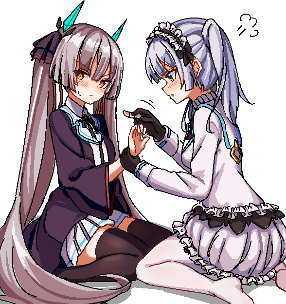 2girls bandaid black_bow black_bowtie black_robe black_thighhighs bleeding blood blunt_bangs blush bow bowtie breasts ev_two frilled_hairband frills green_eyes hairband heaven_burns_red horns long_hair long_sleeves medium_breasts multiple_girls neck_ribbon ogasawara_hisame pantyhose pixel_art ponytail ribbon robe shirt sitting sugawara_chie thighhighs twintails wariza white_hair white_shirt yellow_eyes yuri