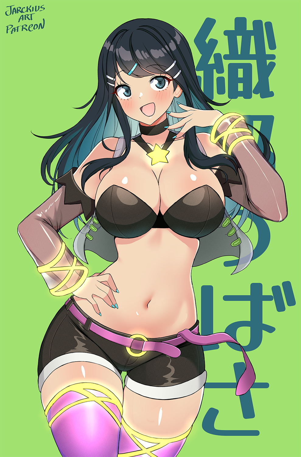1girl blue_eyes breasts cleavage fire_emblem highres jarckius large_breasts navel nintendo oribe_tsubasa polearm thighs tokyo_mirage_sessions_fe weapon
