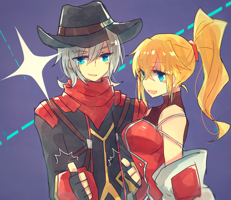 1boy 1girl :3 :d bad_id bad_pixiv_id blonde_hair blue_eyes blush breasts excellen_browning fingerless_gloves gloves grey_hair harken_browning hat large_breasts long_hair miduki66 nunuko_(mu661129) open_mouth ponytail purple_background smile super_robot_wars super_robot_wars_og_moon_dwellers super_robot_wars_og_saga_mugen_no_frontier super_robot_wars_original_generation thumbs_up upper_body