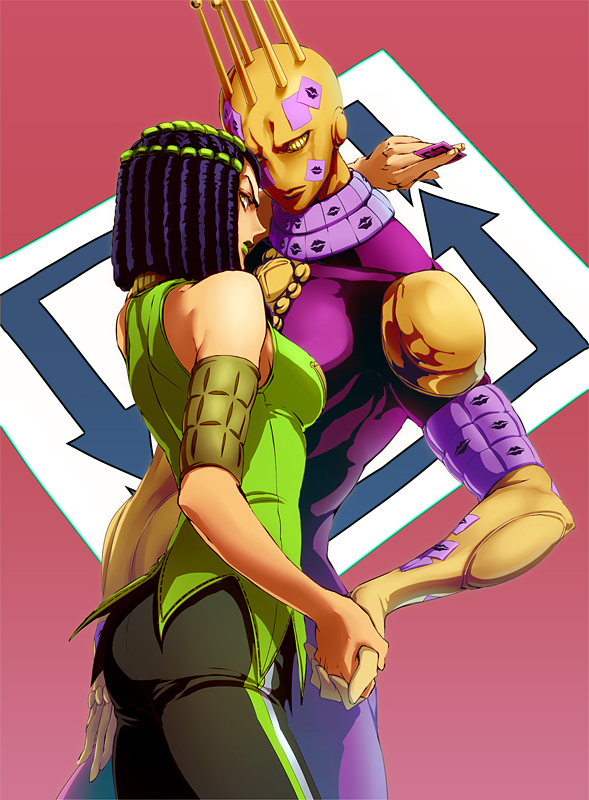 2girls black_hair ermes_costello dreadlocks jojo_no_kimyou_na_bouken joka_(night_gate) kiss_(stand) multiple_girls stand_(jojo) stone_ocean tan