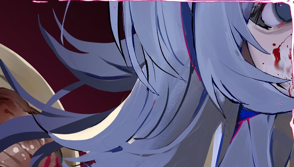 1girl blood blood_on_face blurry close-up food grey_eyes grey_hair kurehalxxx long_hair looking_at_viewer meat original plate sidelocks solo steak twintails thumbnail_collage