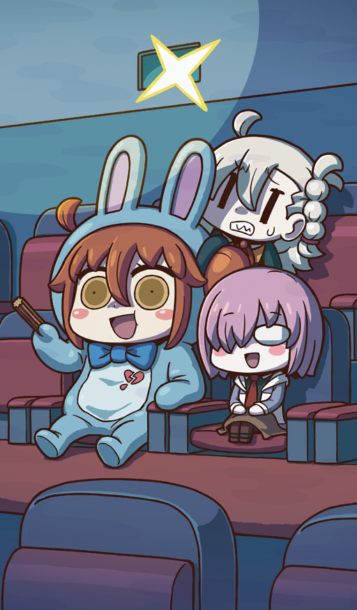 3girls :d ahoge animal_costume animal_ears annoyed ascot black_dress blanket blue_bow blue_bowtie blush_stickers boots bow bowtie braid broken_heart brown_boots chibi chibi_only chinese_zodiac churro clenched_teeth commentary dress eating fake_animal_ears fate/grand_order fate_(series) food fujimaru_ritsuka_(female) glasses grey_jacket hair_between_eyes hair_over_one_eye hair_through_headwear heart holding holding_food indoors jacket long_hair mash_kyrielight medium_hair movie_theater multiple_girls necktie official_art olga_marie_animusphere one_eye_covered one_side_up opaque_glasses open_mouth orange_hair orange_jacket rabbit_costume rabbit_ears red_ascot red_necktie riyo_(lyomsnpmp) round_eyewear sharp_teeth short_hair sitting smile sparkle teeth third-party_source white_hair year_of_the_rabbit |_|