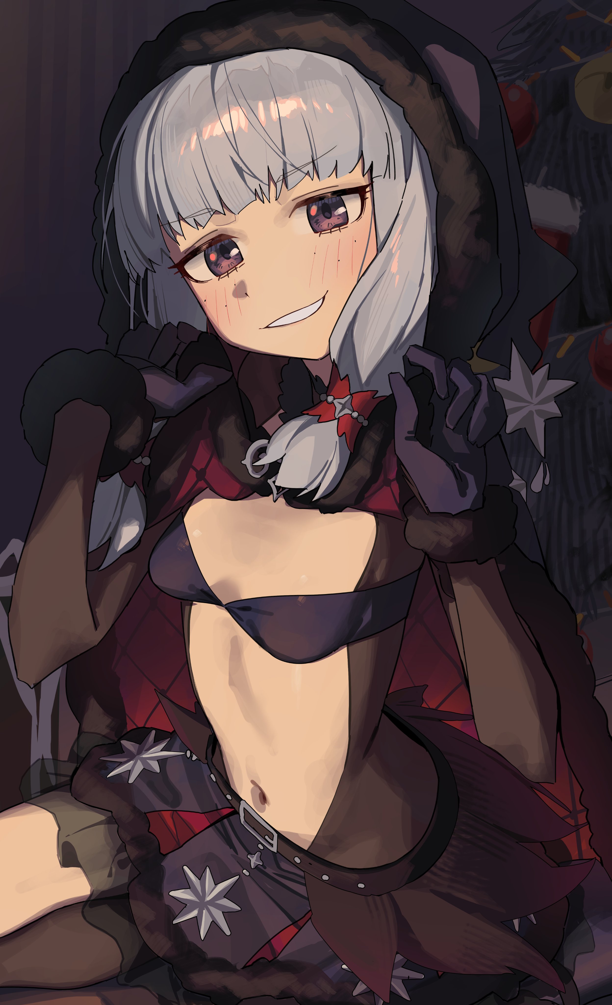 1girl absurdres agria_(black_santa)_(tales) agria_(tales) argyle_cloak black_cloak blunt_bangs blush bodystocking breasts cape christmas christmas_stocking christmas_tree cloak clothing_cutout commission freckles fur-trimmed_cloak fur-trimmed_gloves fur-trimmed_hood fur_trim gloves hair_rings hat_ornament highres hood hooded_cloak indoors long_hair looking_at_viewer low-tied_sidelocks navel official_alternate_costume purple_eyes sidelocks small_breasts smile solo star_(symbol) star_hat_ornament syhan tales_of_(series) tales_of_the_rays tales_of_xillia thigh_cutout white_hair
