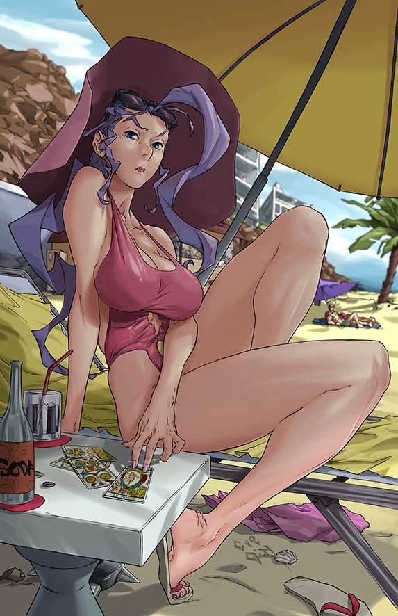 1boy 1girl 2022 ahoge bare_shoulders beach blonde_hair blue_sky breasts capcom cleavage collarbone commentary cre.o.n drinking_straw english_commentary frown guile huge_ahoge large_breasts legs_up long_hair looking_at_viewer muscular muscular_male ocean one-piece_swimsuit outdoors palm_tree parasol pink_one-piece_swimsuit purple_nails rose_(street_fighter) sandals serious shadow sky soda_bottle street_fighter sunglasses_on_head swimsuit table taut_clothes thick_thighs thighs tiptoes tree umbrella very_long_hair