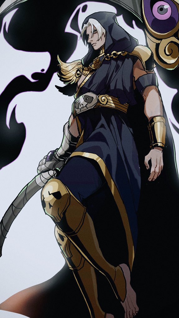 1boy armlet armor barefoot black_cape black_robe bracelet cape closed_mouth commentary dark-skinned_male dark_skin english_commentary foot_out_of_frame grey_hair hades_(series) hades_1 holding holding_scythe hood hood_up hooded_robe jewelry leg_armor looking_at_viewer male_focus robe scythe shirt shoulder_armor solo thanatos_(hades) tworain_w yellow_eyes
