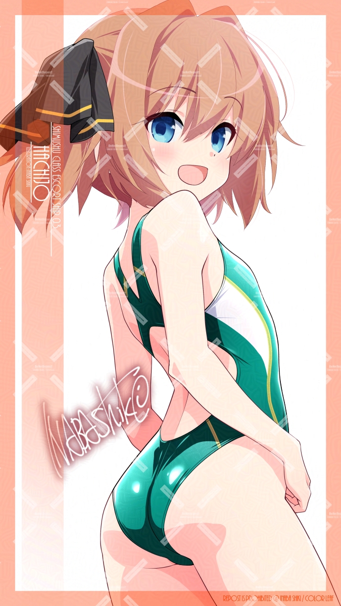1girl ahoge ass back black_ribbon blush breasts character_name competition_swimsuit cowboy_shot fang green_one-piece_swimsuit hachijou_(kancolle) hair_ribbon highleg highres inaba_shiki kantai_collection long_hair looking_at_viewer looking_back one-piece_swimsuit open_mouth pink_background racerback ribbon signature solo swimsuit thighs white_background