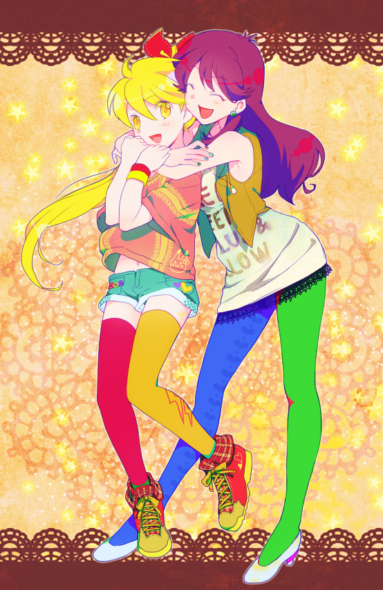 1990s_(style) 2girls abstract_background alternate_costume armpits asymmetrical_legwear bare_shoulders blonde_hair blue_pantyhose blush breasts brown_hair cameo character_name closed_eyes clothes_lift denim denim_shorts dress earrings english_text flat_chest flipped_hair flower full_body gen_1_pokemon green_(pokemon) green_legwear green_nails hair_between_eyes hair_flower hair_ornament hair_ribbon happy heart high_heels hug hug_from_behind jewelry knees_together_feet_apart lace lace-trimmed_shirt lace_trim leaning leaning_forward leggings lightning_bolt_symbol long_hair looking_at_viewer medium_breasts mismatched_legwear multiple_girls nail_art nail_polish navel nintendo open_clothes open_mouth open_vest orange_background pantyhose pendant pikachu pokemon pokemon_(creature) pokemon_adventures pokemon_rgby ponytail print_legwear red_legwear red_ribbon retro_artstyle ribbon saku_(pixiv526117) shirt shirt_lift shoes short_shorts shorts sidelocks skirt smile sneakers standing star_(symbol) star_symbol_background striped_clothes striped_shirt thighhighs very_long_hair vest white_dress white_footwear white_skirt wristband yellow_(pokemon) yellow_eyes yellow_legwear